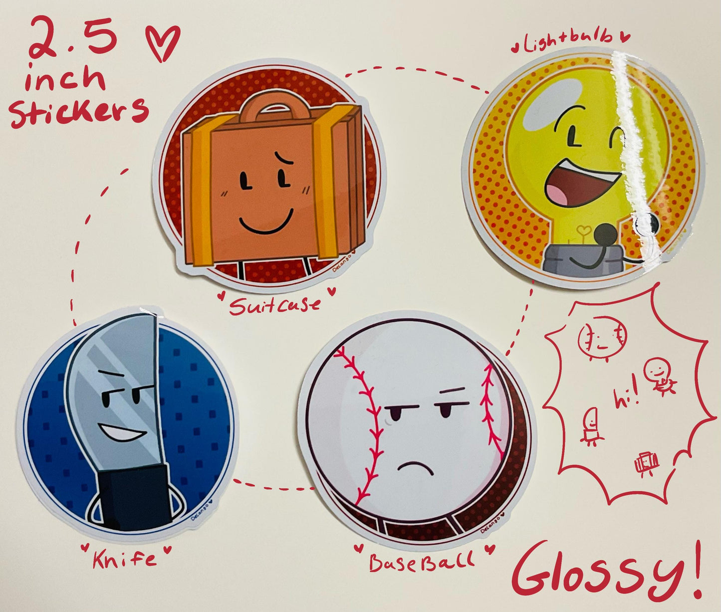 Suitcase, Lightbulb, Knife and Baseball Inanimate Insanity - Vinyl Glossy Stickers - Object Show